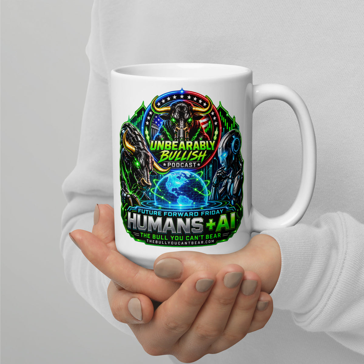 Humans + AI Mug, white 15 oz, handle on right