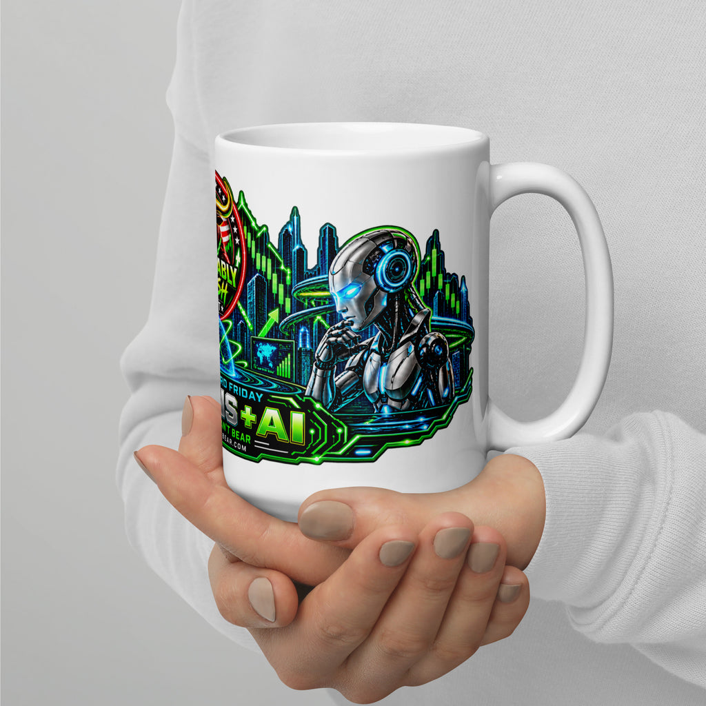 Humans + AI Panorama Wrap Mug, white 15 oz, handle on right