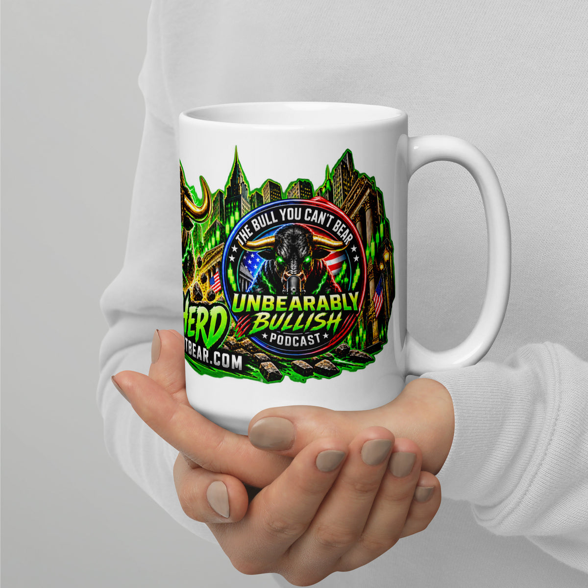 Wall Street Bull Panorama Wrap Mug, white 15 oz, handle on right