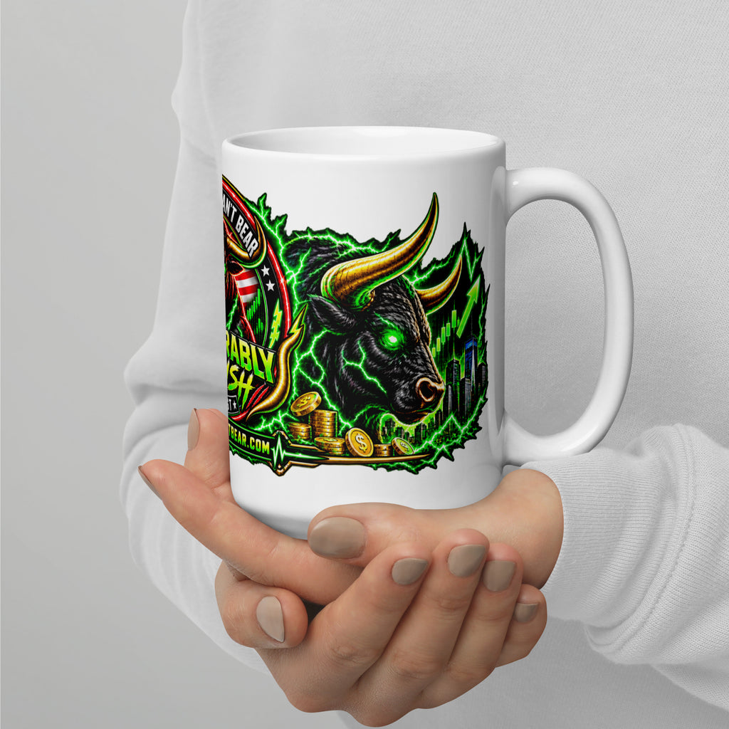 The Bull You Can't Bear Panorama Wrap Mug, white 15 oz, handle on right